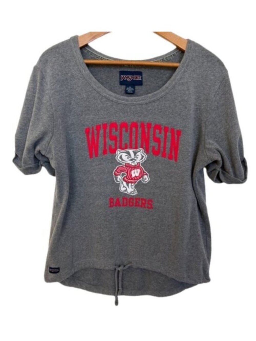 Wisconsin Badgers JanSport Short Sleeve Sweatshirt XL Gray Drawstring Retro